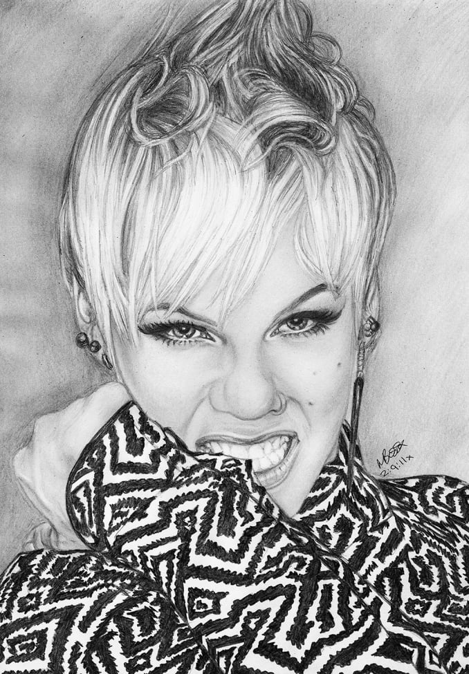 Portrait of pop star Pink biting her sleeve, graphite pencil drawing