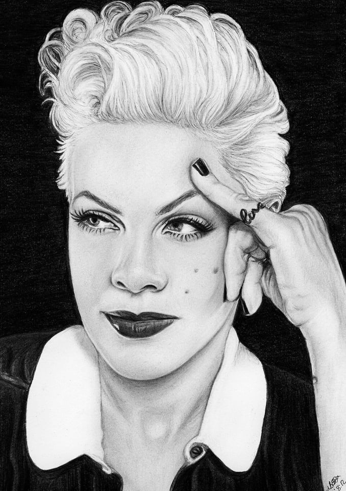 Pink portrait inspired by The Truth About Love photoshoot, graphite pencil drawing