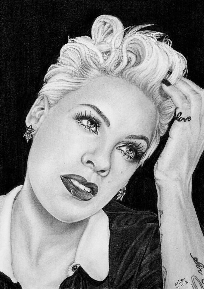 Graphite portrait of Pink from The Truth About Love photoshoot