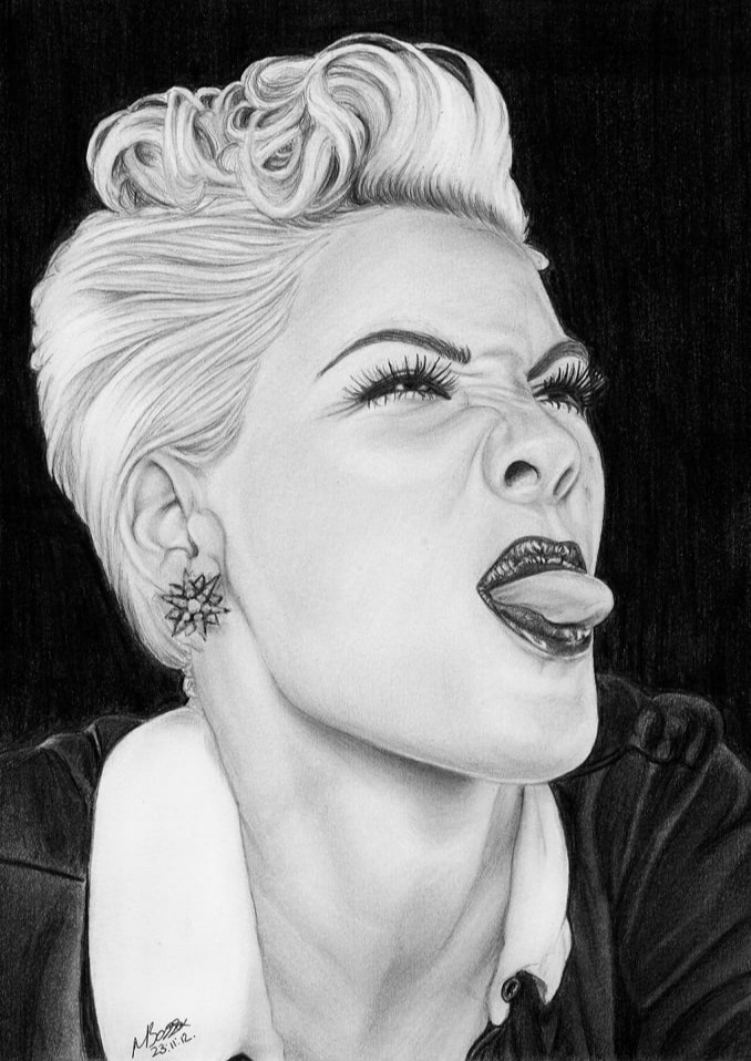Portrait of Pink from The Truth About Love photoshoot, graphite pencil drawing