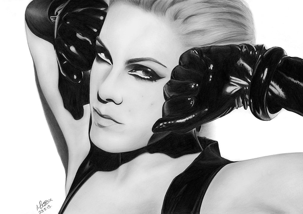 Portrait of pop star Pink wearing black gloves, graphite pencil drawing