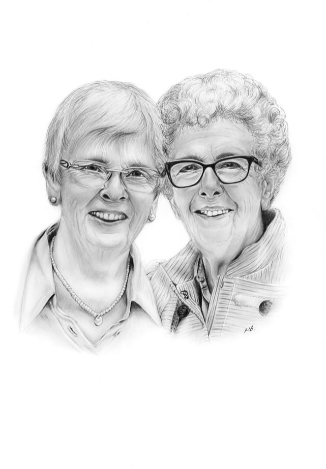 Two smiling female wedding guests graphite pencil portrait drawing