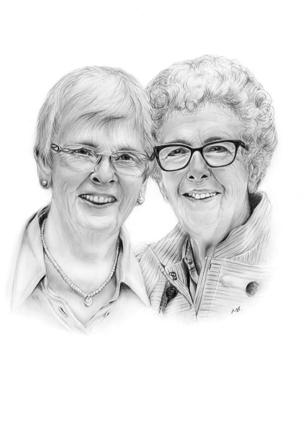 Two smiling female wedding guests graphite pencil portrait drawing